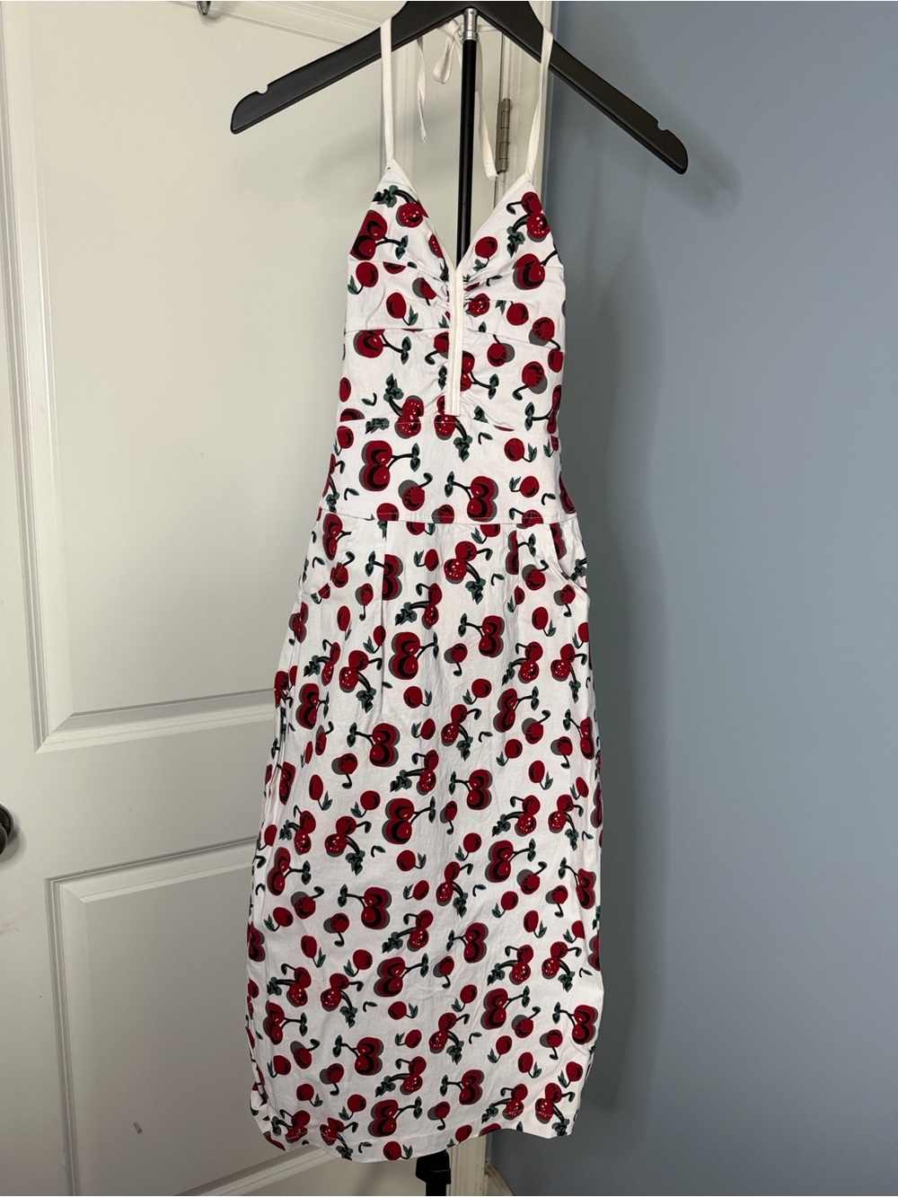 Bettie Page White Halter Midi Dress with Red Cherry Print